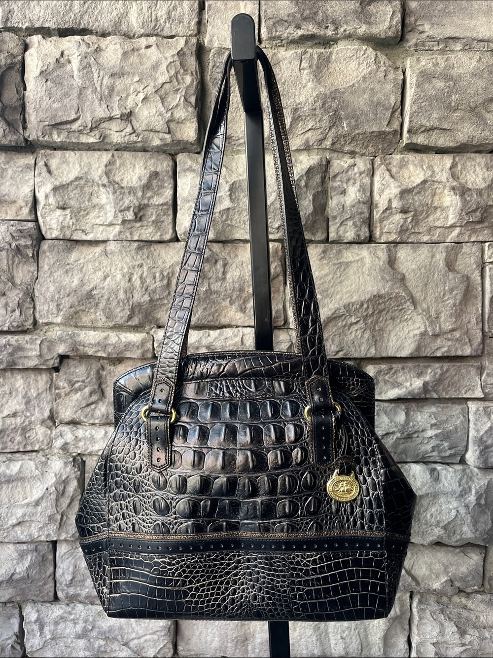 Vintage Brahmin Black Croc-Embossed Shoulder Tote, New condition